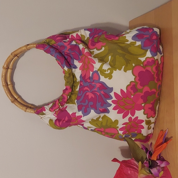J. Crew Handbags - J. Crew Floral Cotton Handbag with Bamboo Handles Pink Purple Green White Tan